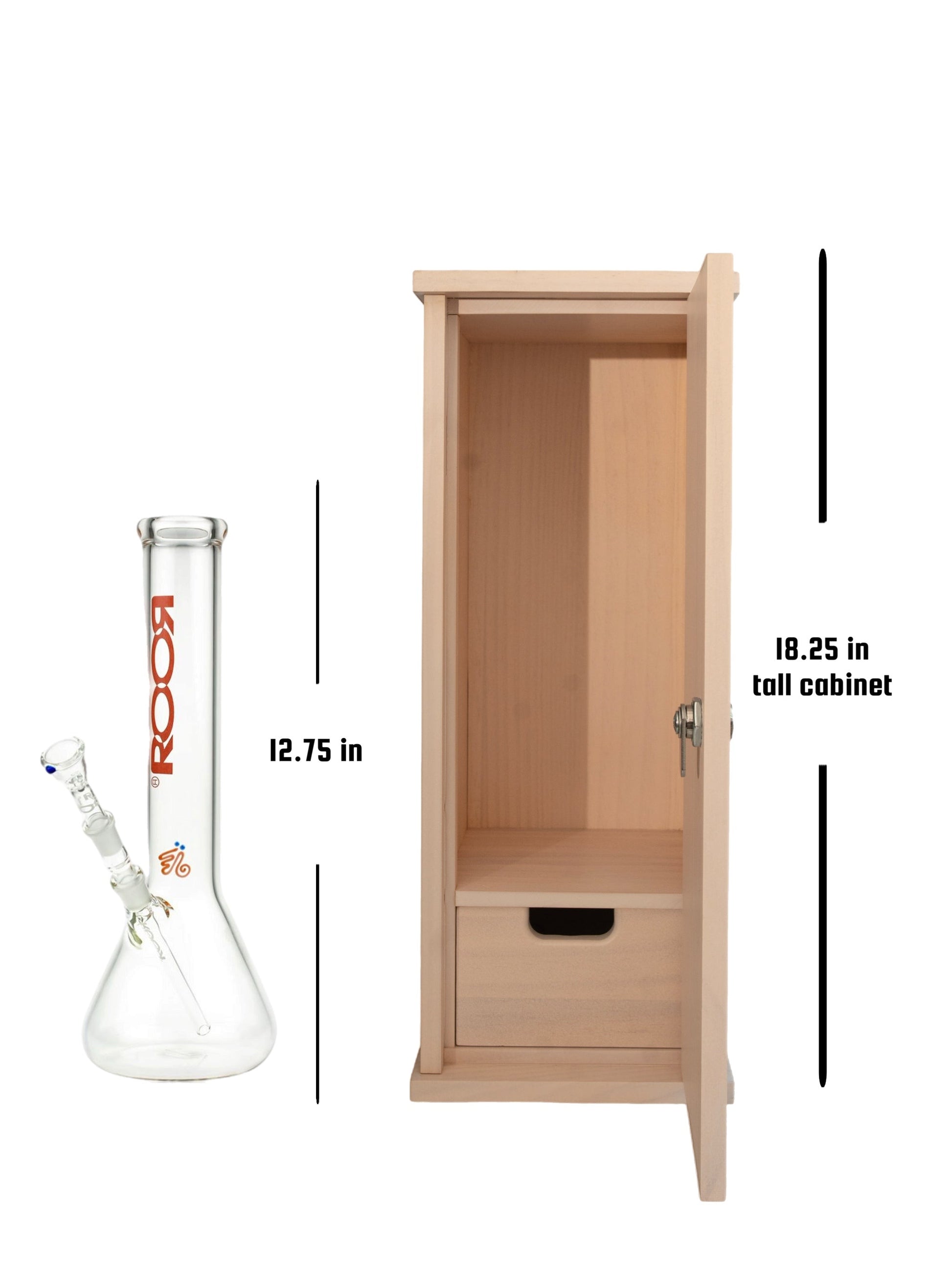 Wooden cabinet with dimensions and a glass on a white background