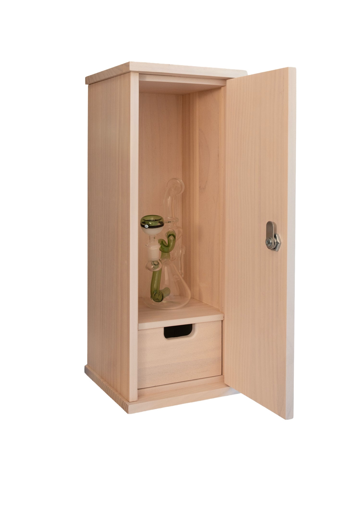 Wooden cabinet with glass inside on a white background
