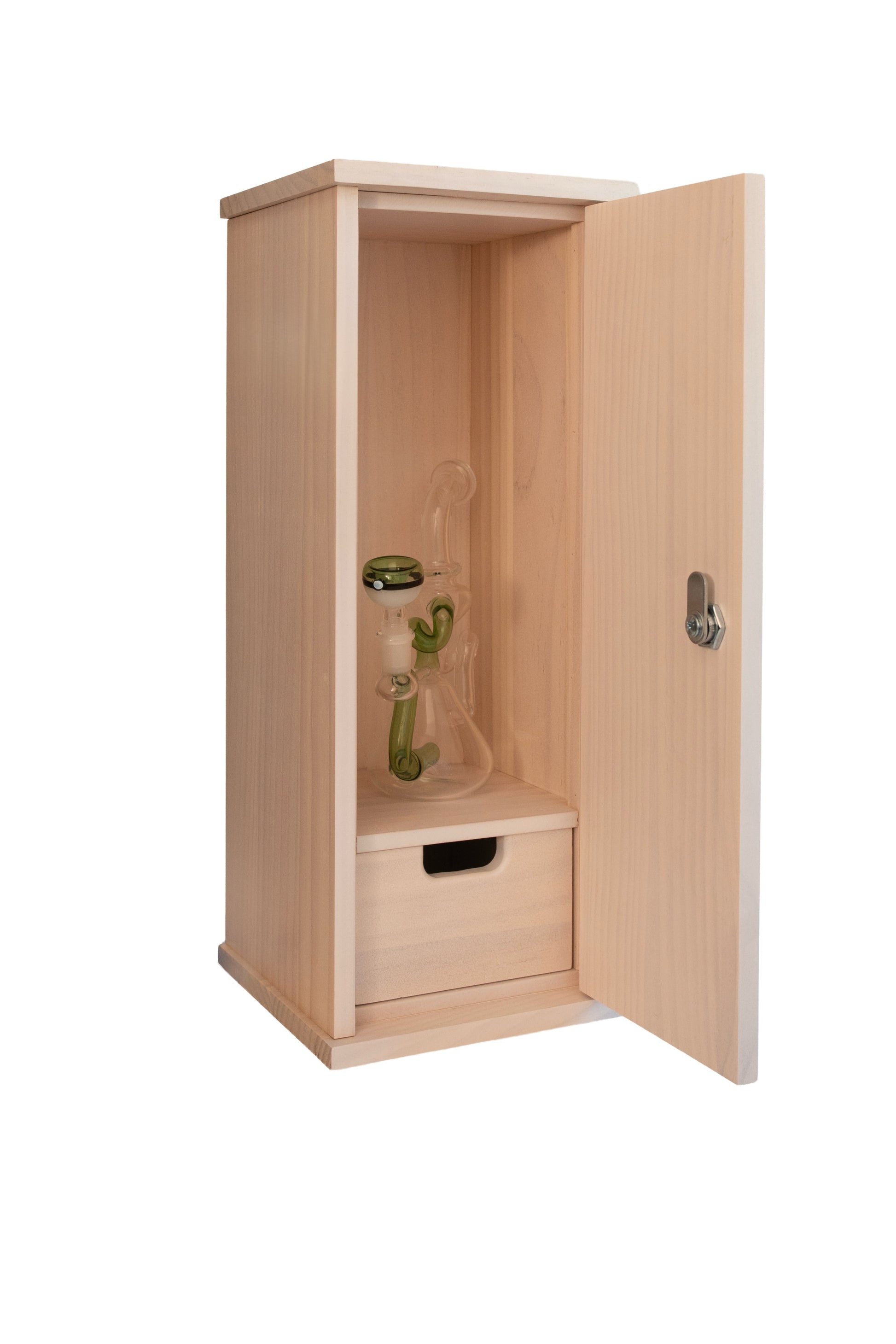 Wooden cabinet with glass inside on a white background