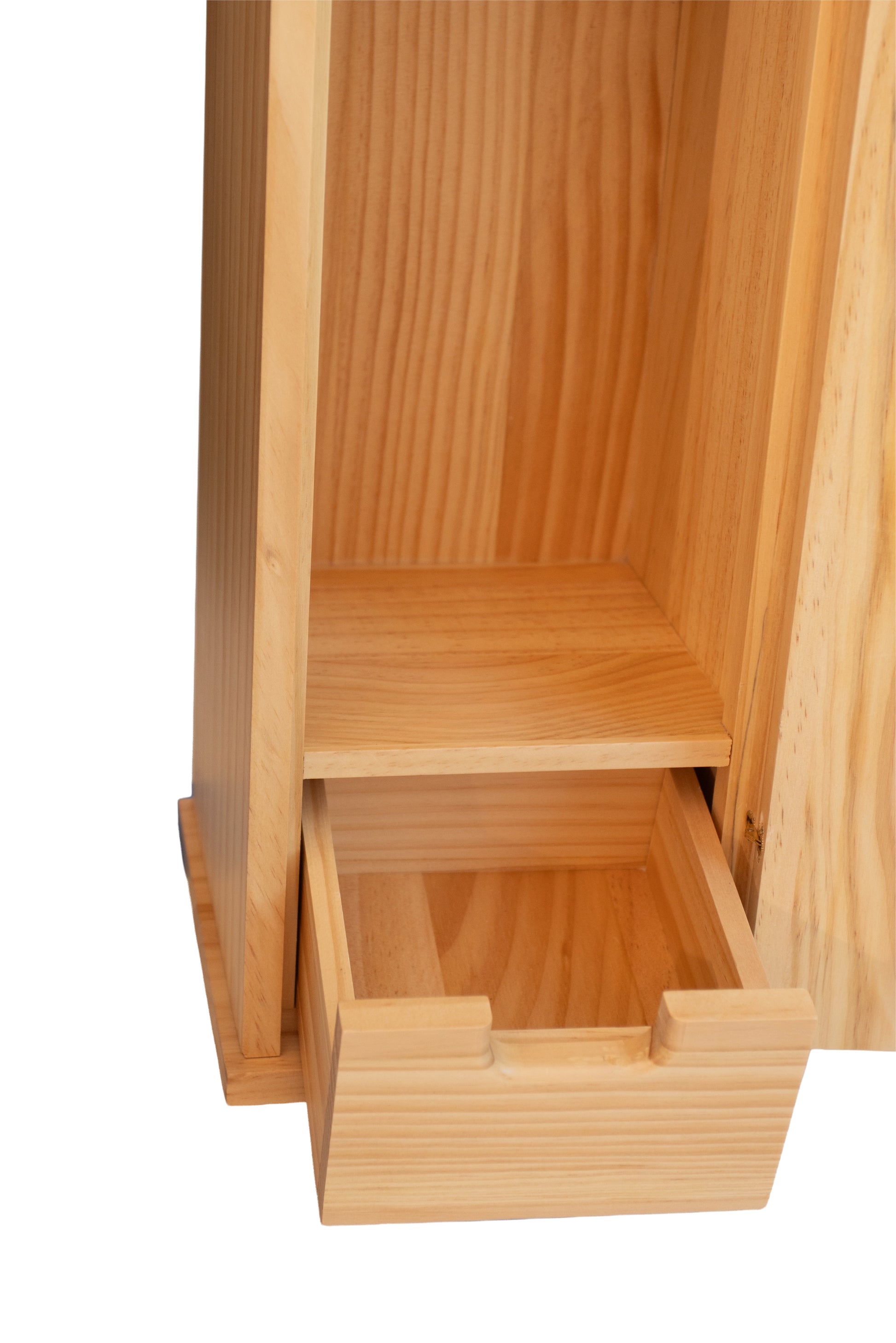 Wooden cabinet with open drawer on a white background