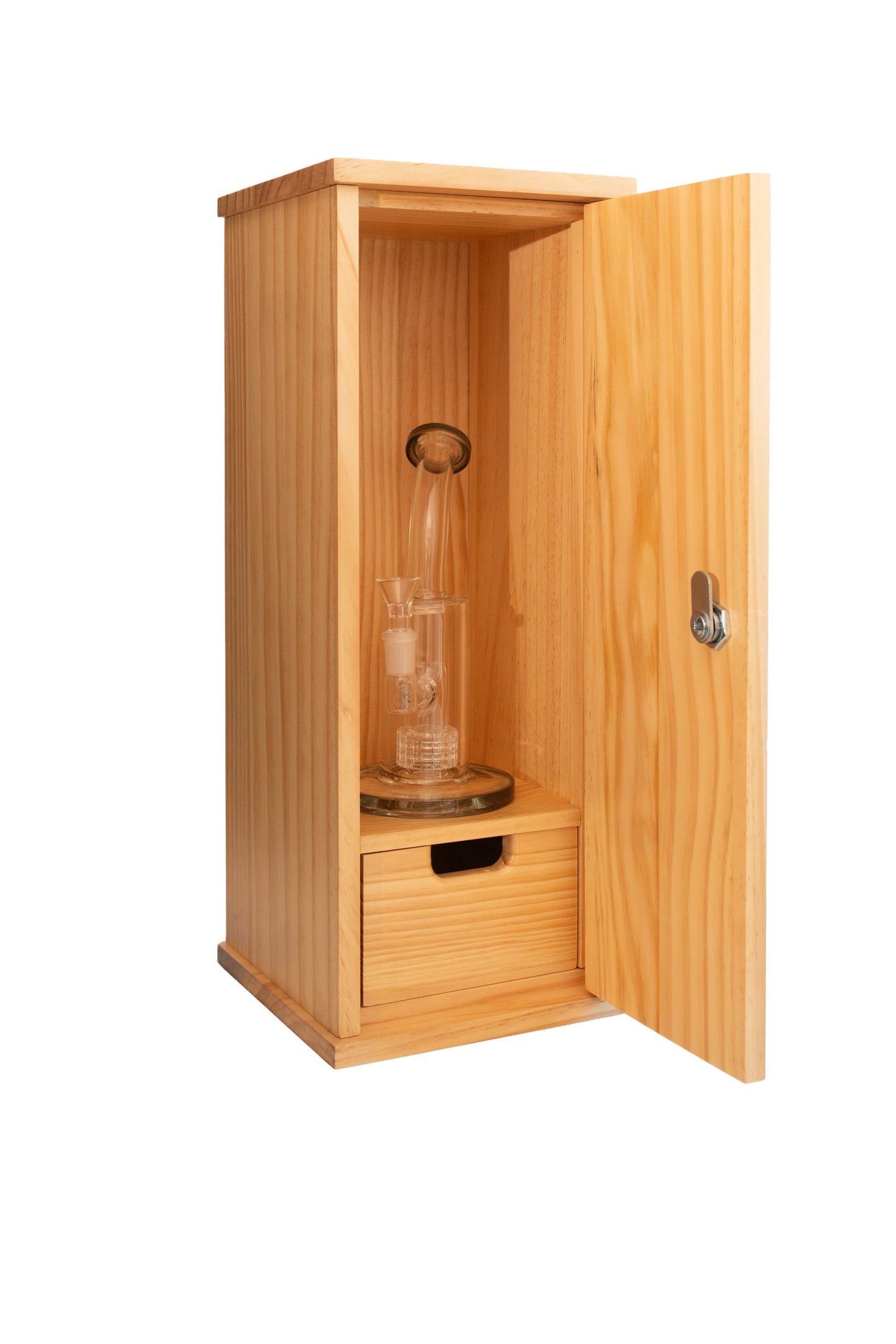 Wooden cabinet with glass object inside on a white background