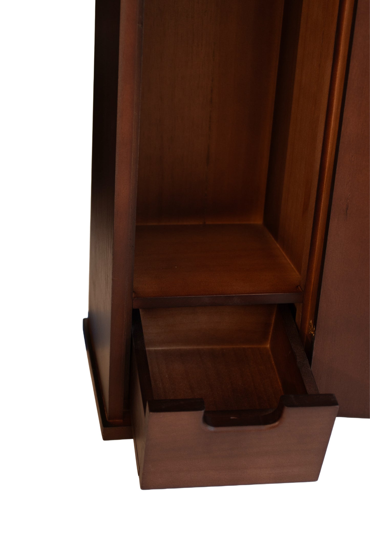 Wooden stash box with open drawer on a white background