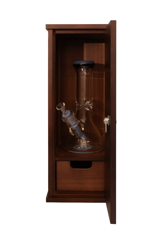 Glass inside a wooden cabinet on a white background