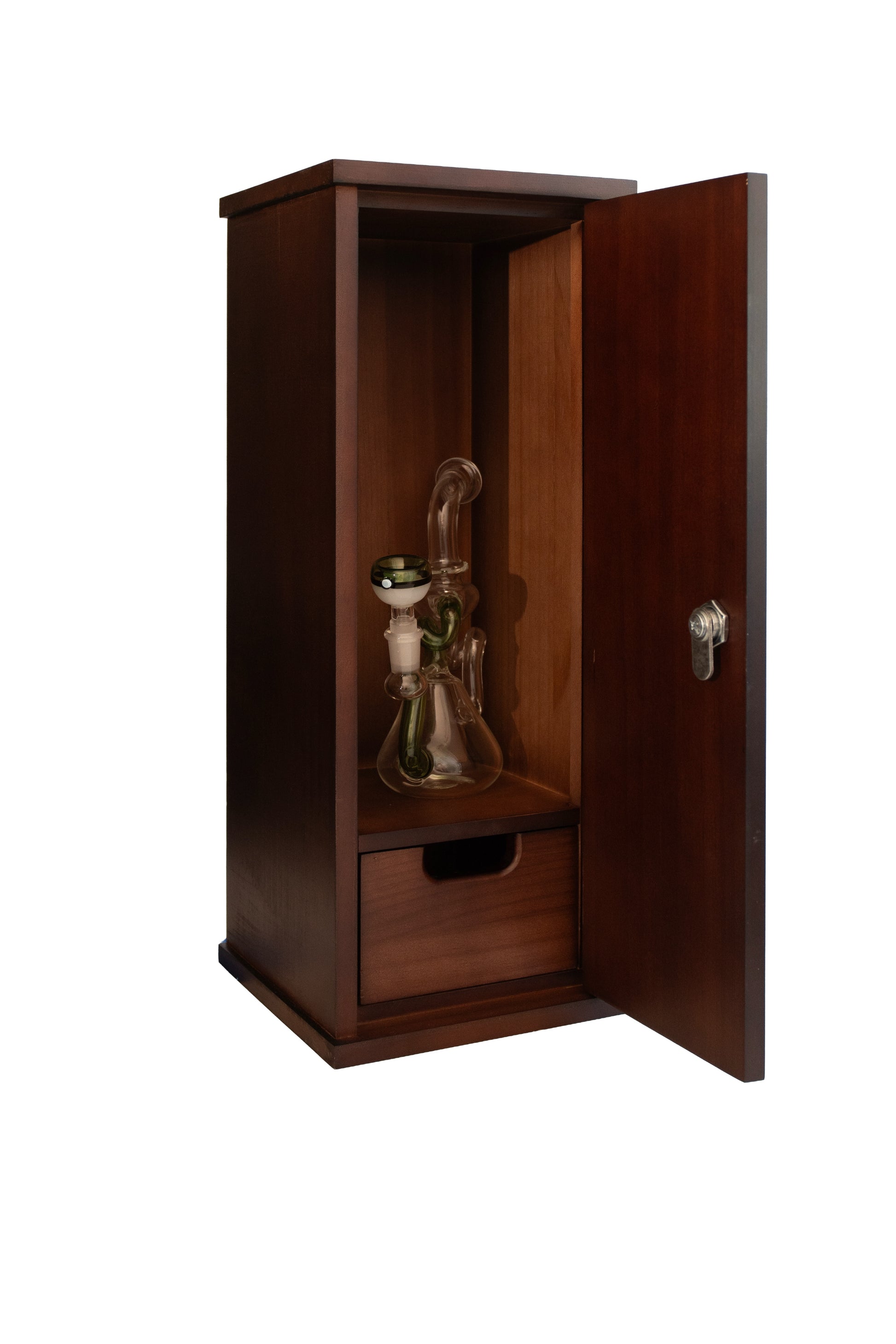 Lockable wooden cabinet in Nightcap finish with discreet drawer and key lock